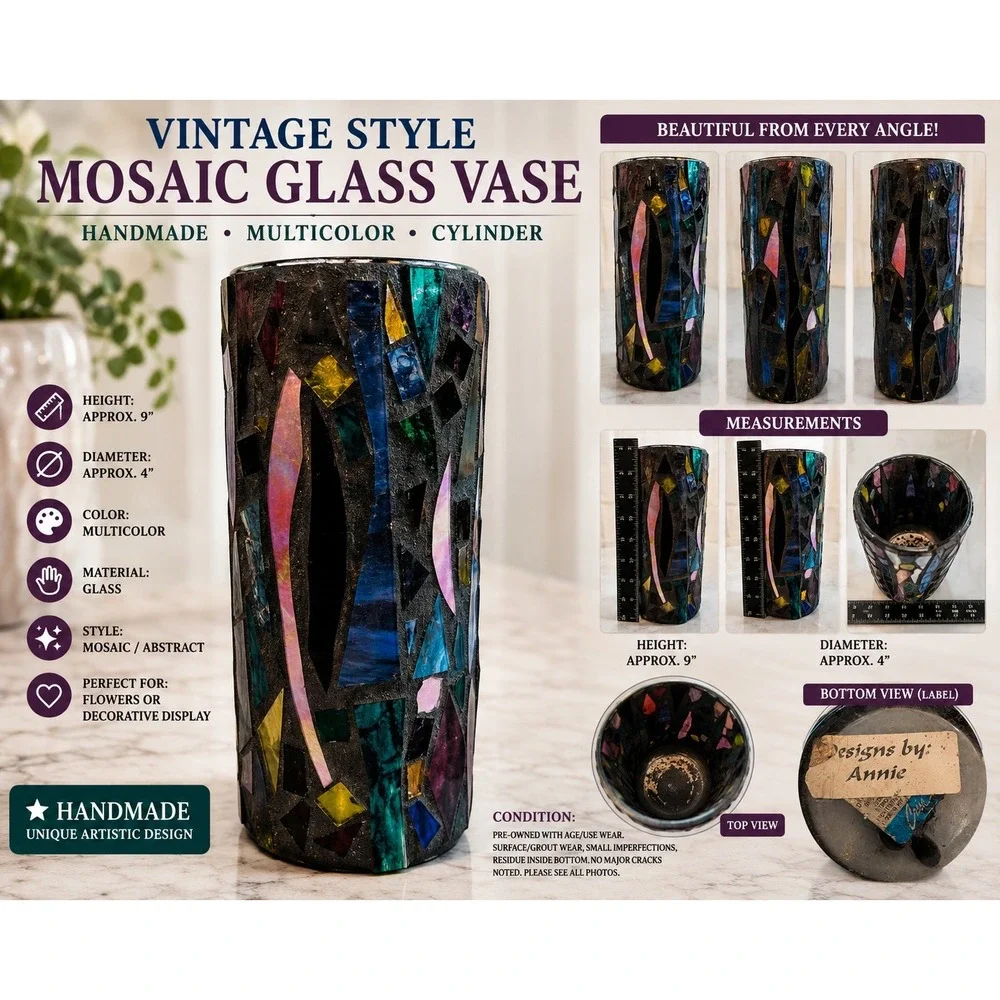 Designs by Annie Vintage Mosaic Glass Vase Handmade Multicolor Cylinder 9 inch